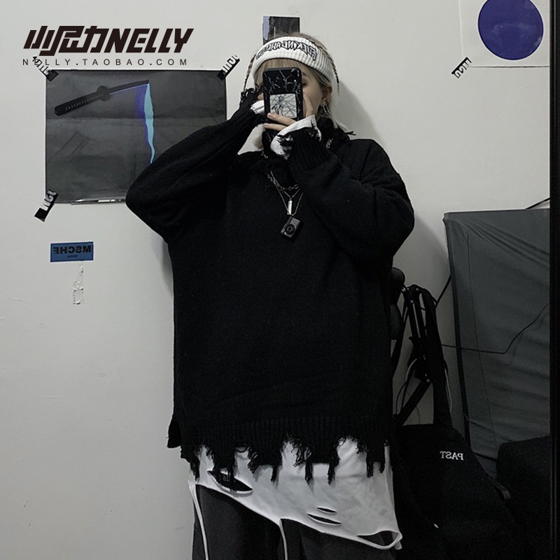 Áo sweater dệt kim cổ tròn phối rách dáng rộng thời trang thu đông dành cho nam