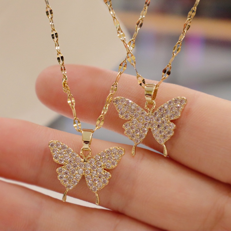 Dây Chuyền Mặt Hình Bướm Đính Đá Zircon Phong Cách Hàn Quốc Sang Trọng Cho Nữ