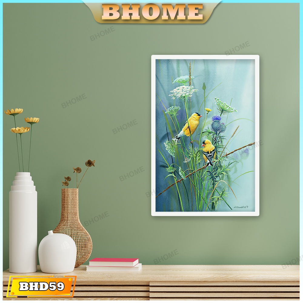 Tranh Treo Tường Decor Phong - Bức Họa Thiên Nhiên Đôi Chim Trên Cành Hoa ( Đã Có Khung )