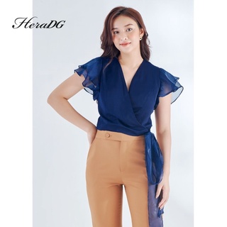 Áo Sơ Mi Công Sở Nữ Cổ V HeraDG Thiết Kế Tay Ngắn Bèo Tầng Với Nơ Buộc Eo Điệu, Chất Vải Cao Cấp Mềm Nhẹ SAKBA014