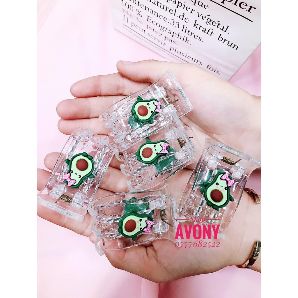 Kẹp tóc càng cua 3- 5 răng trong đính icon trái bơ thắt nơ dẻo