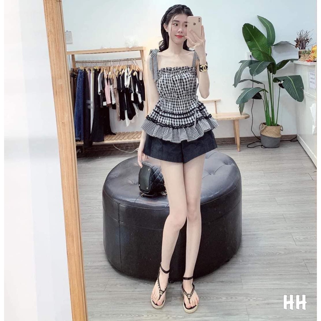 ÁO KẺ CARO 2 DÂY SỌC CỘT NƠ VAI CROPTOP HỞ VAI LƯNG ULZZANG TRẮNG ĐEN