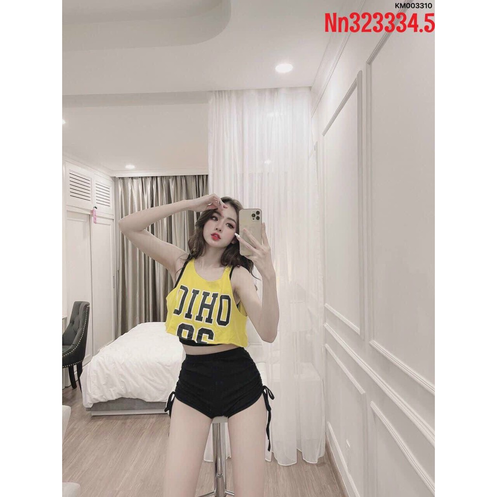 Set bộ thế thao cá tính năng động gồm 3 món quần rút dây 2 bên hông áo 2 dây kèm áo tank top in chữ ohio chất thun lụa