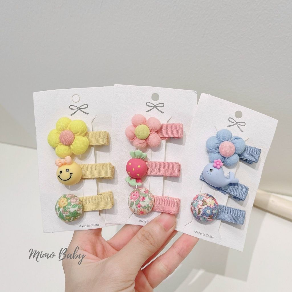 Set 3 kẹp tóc bọc vải gắn hình hoa dễ thương cho bé gái KT33 Mimo Baby