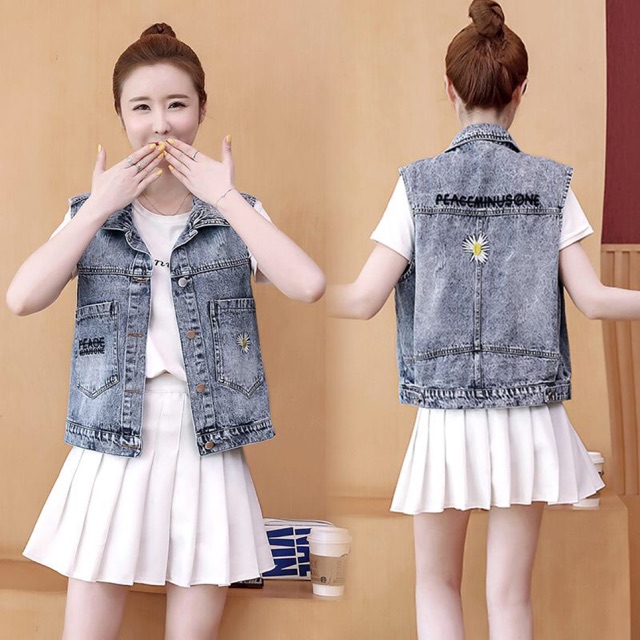 Áo khoác Gile Jean nữ cao cấp thiết kế thêu chữ, hoạ tiết hoa cúc phong cách, trẻ trung NV0365