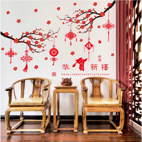 Decal trang trí Tết - 2 Cành đào treo nhiều phụ kiện xinh xắn