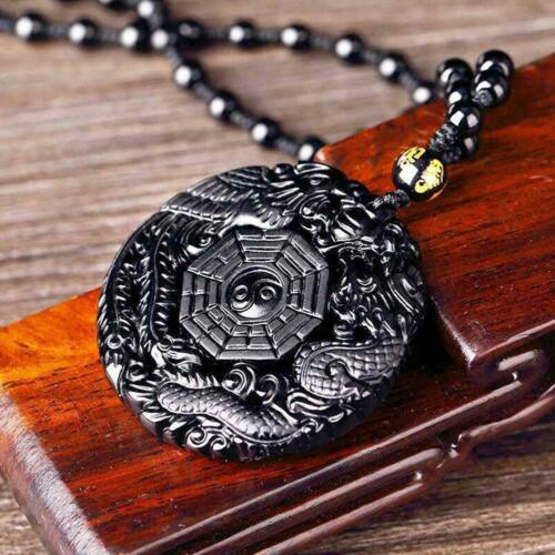 Vòng cổ Đá Obsidian Tự Nhiên Khắc Hình Rồng Và Phượng Hoàng Độc Đáo N7U4