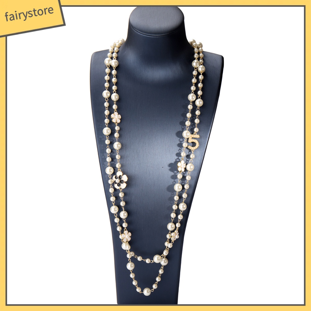 Dây chuyền dài hai lớp nhiều mặt họa tiết xỏ ngọc trai giả cho nữ