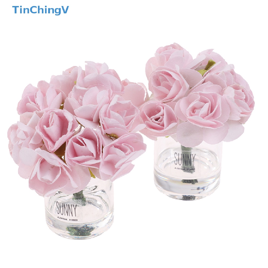 [TinChingV] 1/12 Dollhouse Miniature Pink Rose Glass Bottle Flower Arrangement Home Decor [NEW]