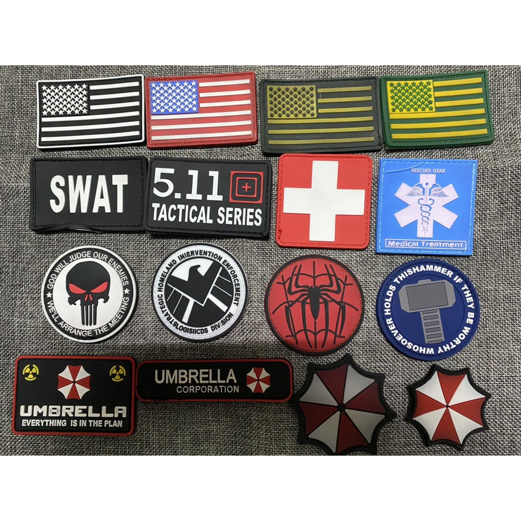 Tem dán logo sticker patch cờ Shield Umbrella nhựa PVC mặt sau gai dán trang trí balo áo có sẵn mặt bông hoặc may vào