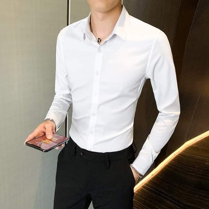 Áo sơ mi nam dài tay vải áo kiểu công sở hàn quốc, thiết kế mới vải lụa Thái trơn cao cấp không nhăn