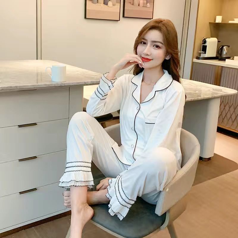 Bộ đồ ngủ hai mảnh áo tay dài dáng rộng phối ren thời trang mới dành cho nữ 2022