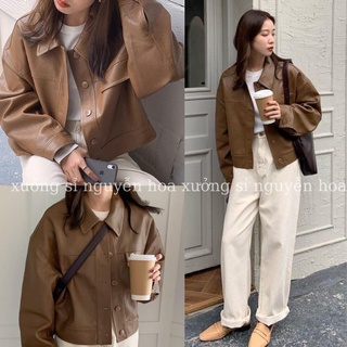Áo khoác da Nữ Dáng Ngắn Croptop Màu Nâu Basix Hot Trend (kèm video/ảnh thật) Xưởng Sỉ Nguyễn Hoa