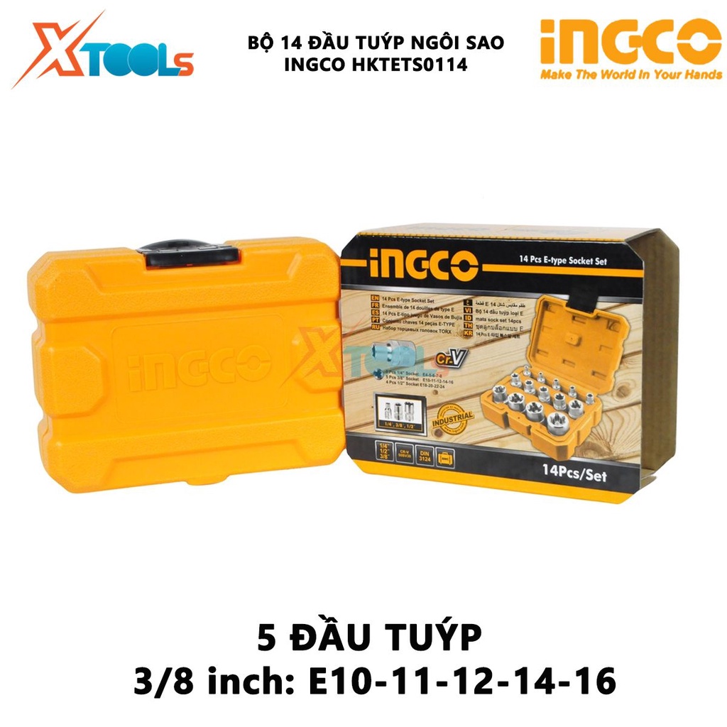 Bộ 14 đầu tuýp ngôi sao INGCO HKTETS0114 gồm 5 đầu tuýp 1/4 inch, 3/8 inch, 1/2 inch