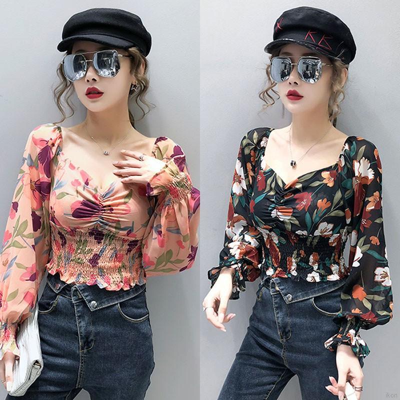 Áo vải voan trễ vai tay phồng in họa tiết hoa xinh duyên dáng dễ phối đồ cho phái nữ