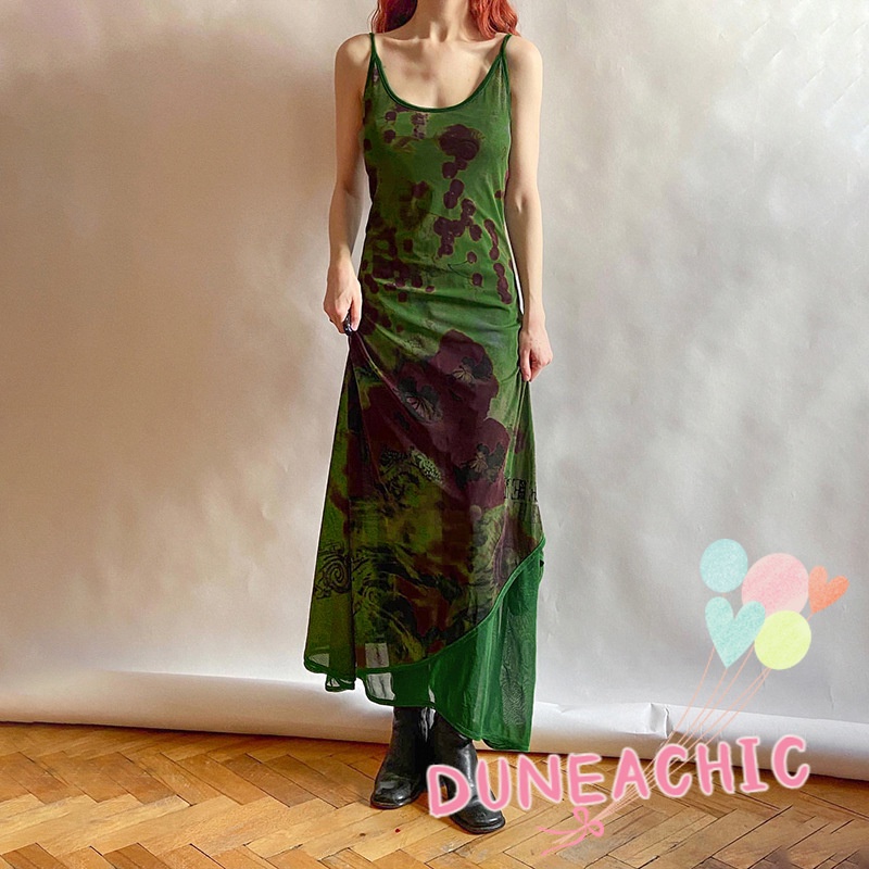 Đầm hai dây DUNEA dáng dài hở lưng in họa tiết thời trang cho nữ