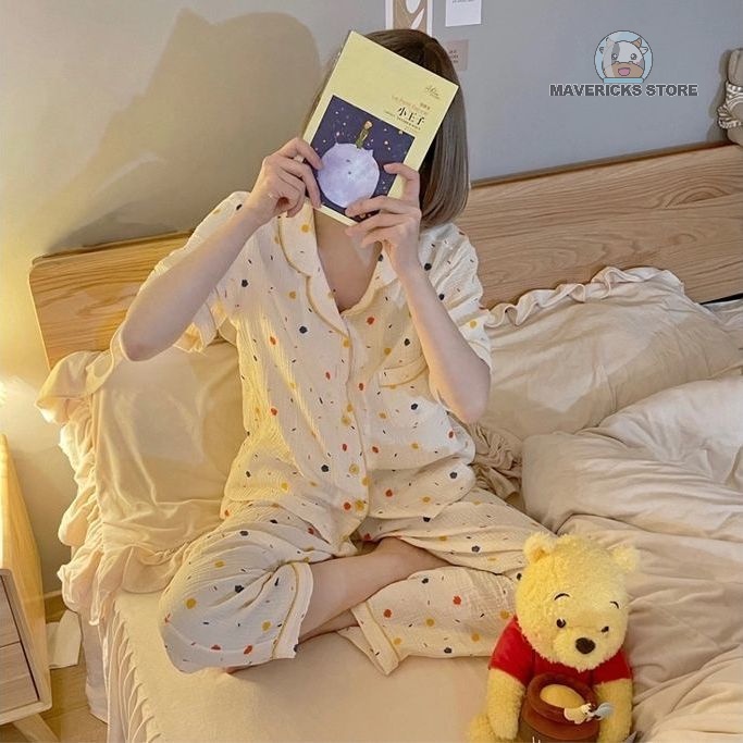 Set đồ ngủ cotton ngắn tay họa tiết chấm bi phong cách Hàn Quốc thời trang dễ thương cho nữ