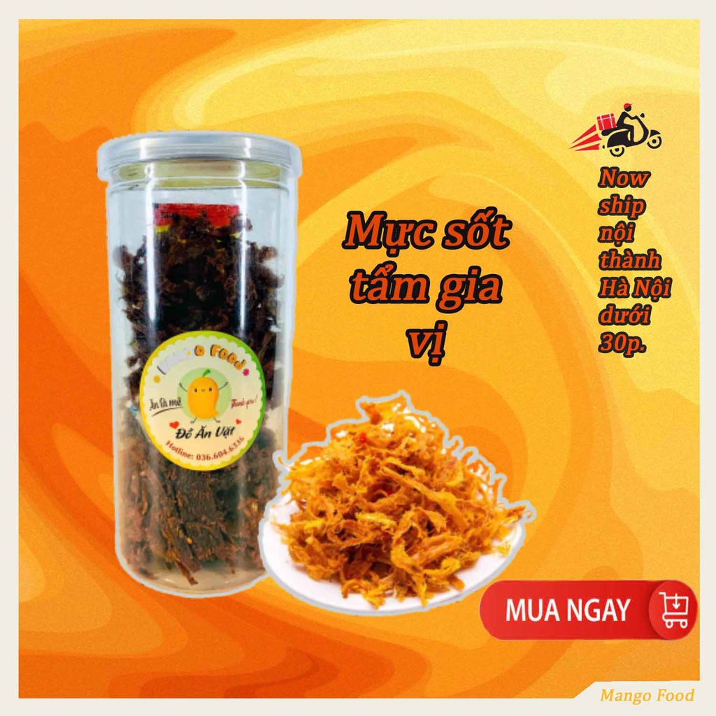 Mực sốt xé sợi tẩm gia vị hũ 250g Mango Food, ăn vặt Hà Nội