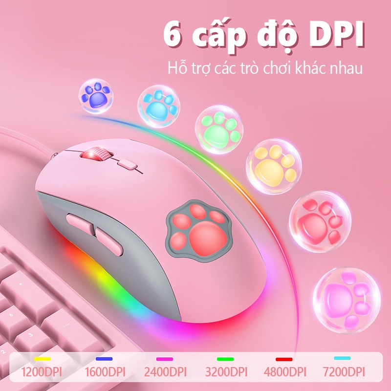 Chuột chơi game có dây ONIKUMA CW918 Catpaw màu hồng và trắng với đèn RGB