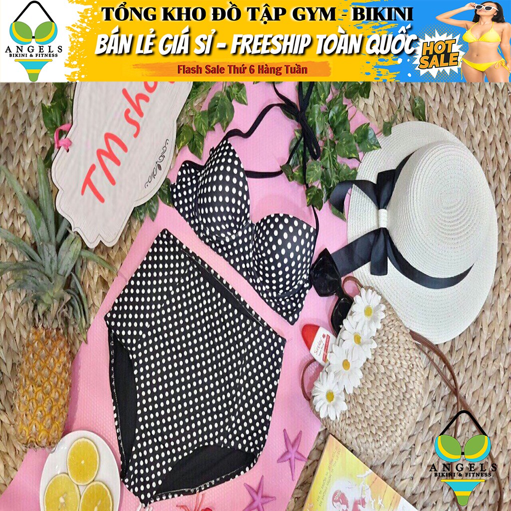 Bikini Bộ Đồ Bơi Hai Mảnh Tay Chấm Bi Đen Freesize BHV015 [ Giá Sỉ ] | BigBuy360 - bigbuy360.vn