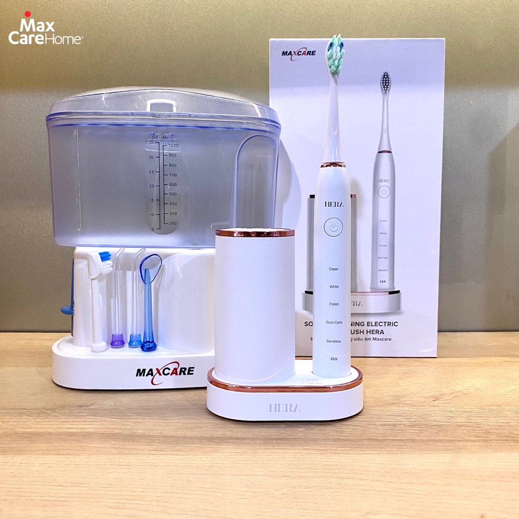 [COMBO GIẢM 1.330K] Máy tăm nước gia đình + Bàn chải điện sóng siêu âm Maxcare Hera Whitening