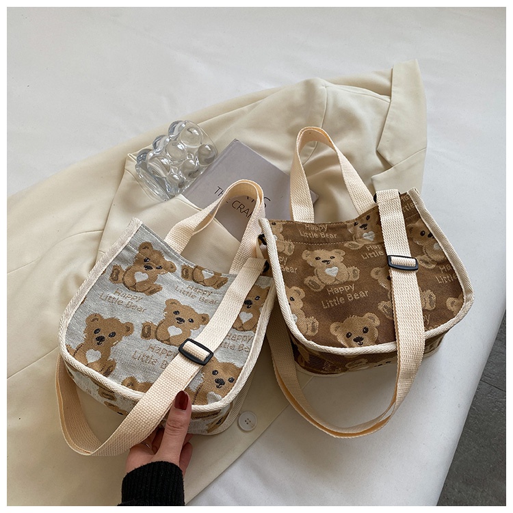 Túi đeo chéo nữ vải bố mini họa tiết gấu Ulzzang, túi tote dễ thương cho nữ