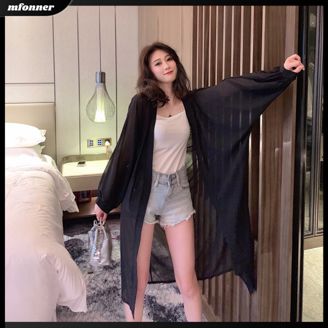 Áo Khoác Cardigan Chiffon Tay Phồng Dài Qua Gối Màu Sắc Trơn Thoáng Khí Thời Trang Đi Biển Cho Nữ