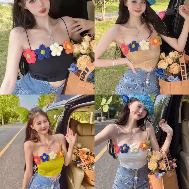 Áo thun kiểu nữ croptop hai dây đính hoa màu