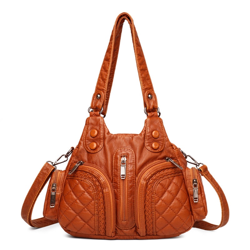 Túi Xách Mua Sắm Đeo Vai Bằng Da Mềm Màu Trơn Nhiều Túi Có Tay Cầm Cho Phụ Nữ Trung Niên