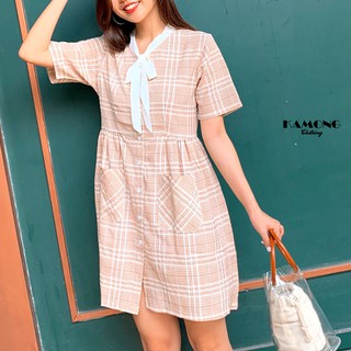 Đầm suông Caro cổ nơ trắng ( Xanh - Da )
