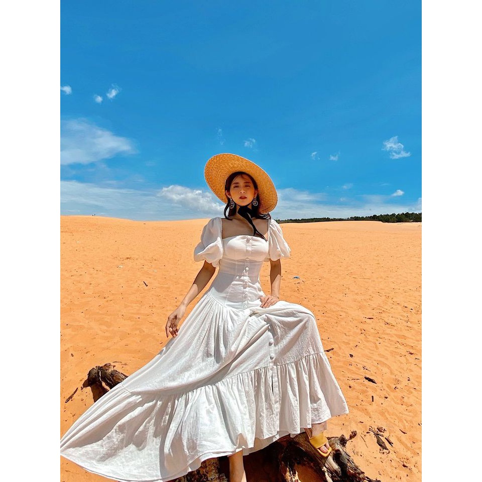 SÒ VINTAGE - REYNA Đầm maxi xô cổ U tay phồng phối nút | BigBuy360 - bigbuy360.vn