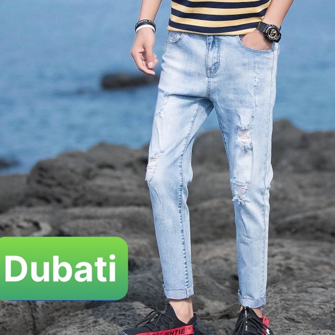Quần Jeans Nam Xanh Wash Rách Ống Đứng Cáo Cấp Cô Giãn 4 Chiều, Không Nhăn, Không Xù - DB 78- DUBATI FASHION