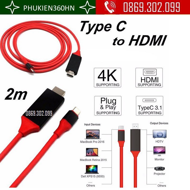 Cáp chuyển tín hiệu Type-C ra HDMI dài 2m cho Android - Cáp HDMI MHL cho điện thoại Android Type-C dài 2m