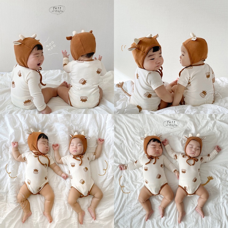 Bộ áo liền quần và mũ in hình bò sữa dễ thương cho trẻ sơ sinh