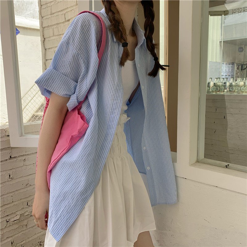 💃 Áo Sơ mi nữ cộc tay kẻ sọc dáng rộng vải kate