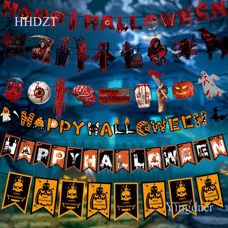 Dây Cờ Treo Trang Trí Lễ Halloween Hình Đầu Lâu Bí Ngô