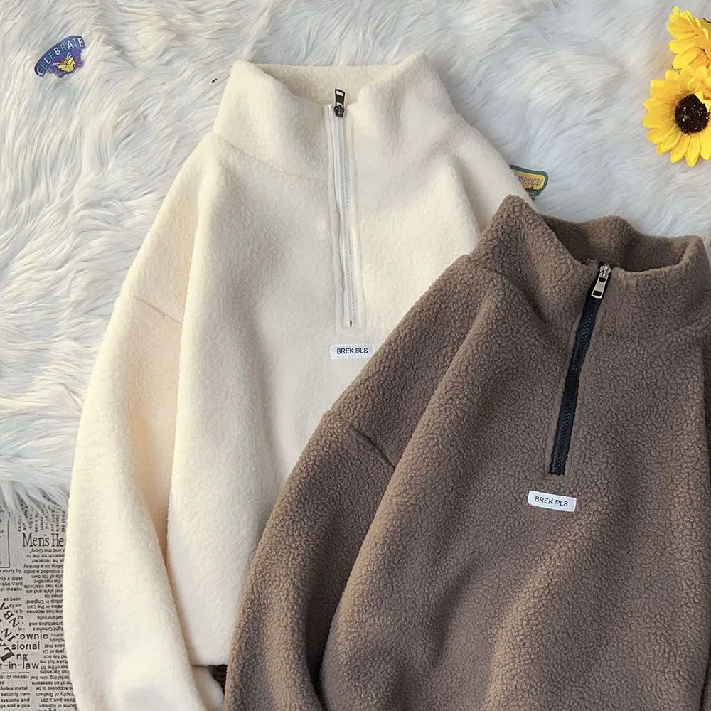 Áo Khoác Len Lông Cừu Cổ Đứng Dáng Rộng Phong Cách Hàn Quốc Cho Nữ