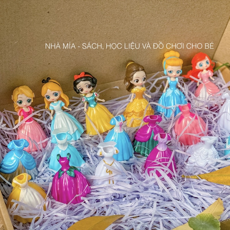 Set 6 công chúa thay váy nhựa tặng kèm 18 váy thay đổi, Búp bê thay váy Disney kt 8cm