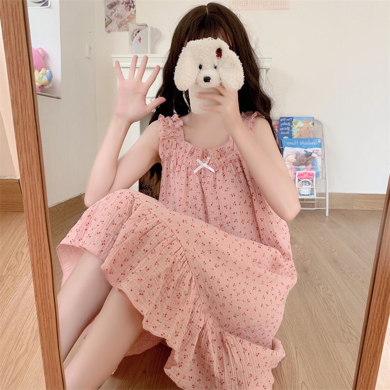 Jiashucheng Đầm Ngủ Hai Dây Mỏng Dáng Rộng Phong Cách Pháp Dễ Thương Ngọt Ngào Dành Cho Nữ Mặc Ở Nhà Mùa Hè