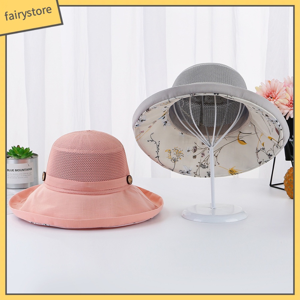 Mũ Bucket Thể Thao Vành Rộng Chống Nắng Đính Nút Họa Tiết Hoa Trang Trí Nội Thất Cho Nữ