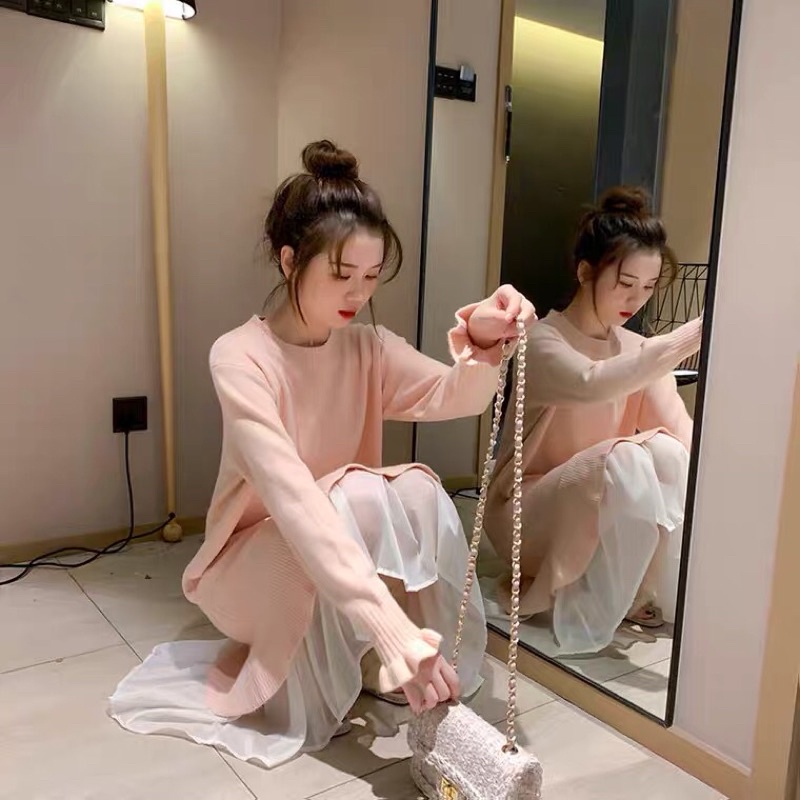 Đầm len dệt kim dáng dài xoè chân voan thả sức dịu dàng