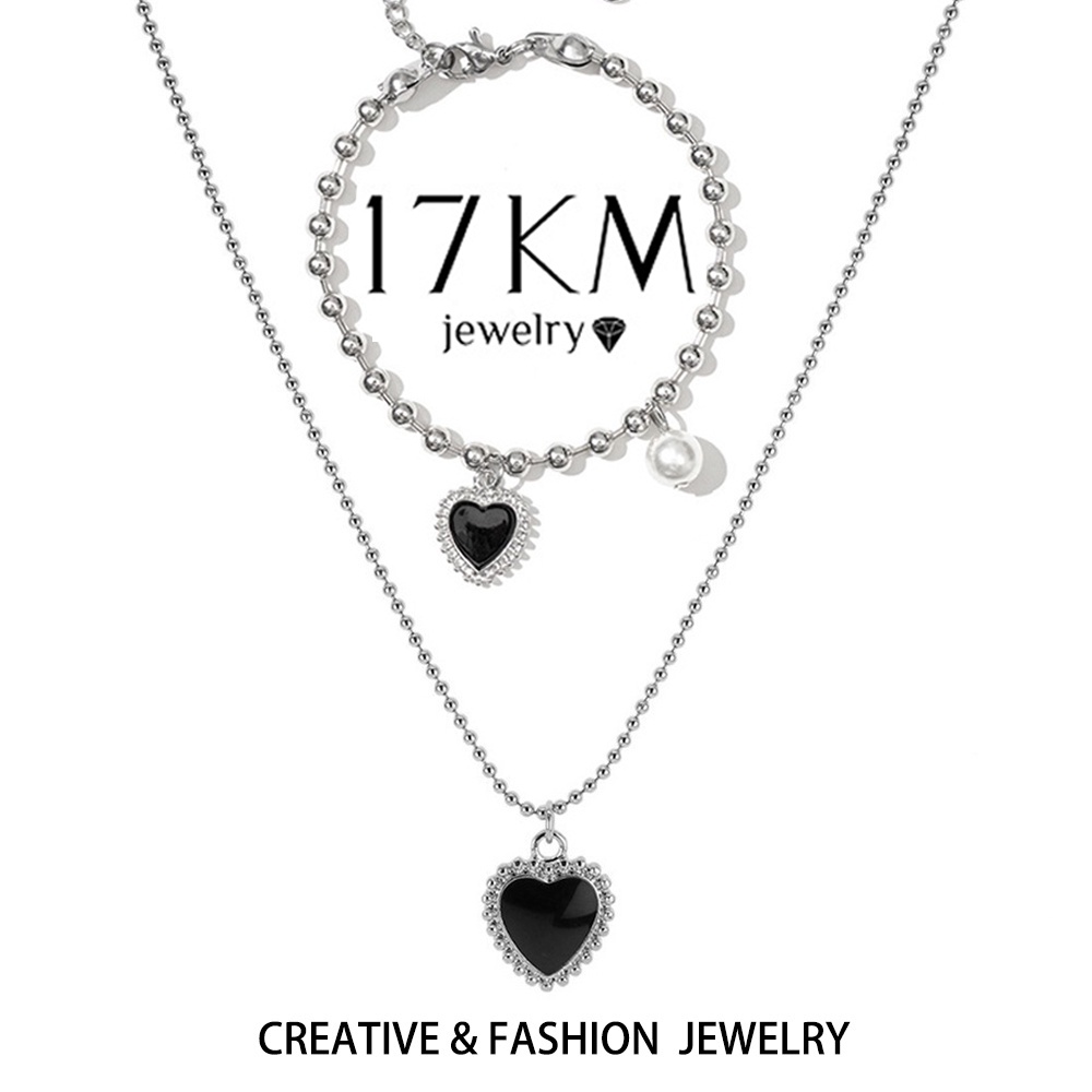 Vòng cổ bạc 17KM có mặt dây hình trái tim màu đen thiết kế đơn giản