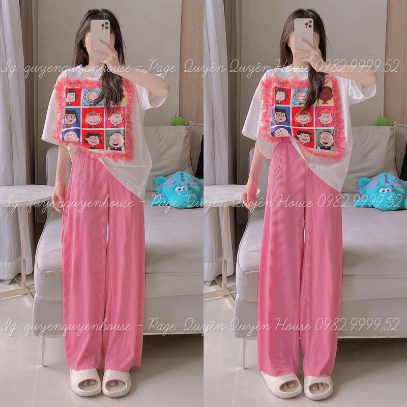 Set áo cotton Chibi phối ren quần suông gân đáng yêu