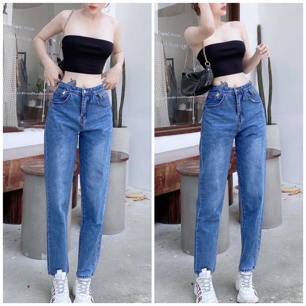 Quần Baggy Jean Nữ Than Lưng Cao 2 Nút