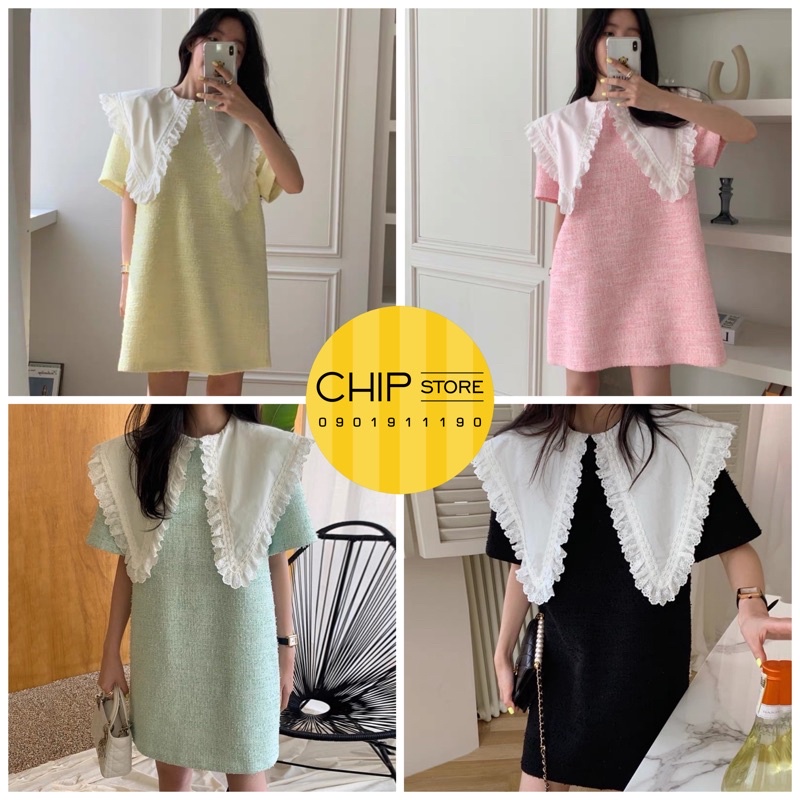 VÁY SUÔNG TWEED CỔ NƠ BÈO KOREA STYLE