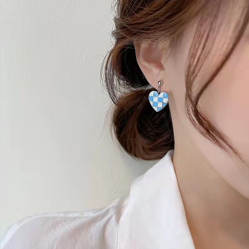 Bông tai S925 bằng hợp kim họa tiết ô vuông trắng đen thời trang cho nữ