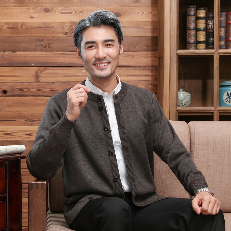 Áo len cardigan cho người trung niên và người cao tuổi, trang phục bố cổ tròn đệm nhung nam