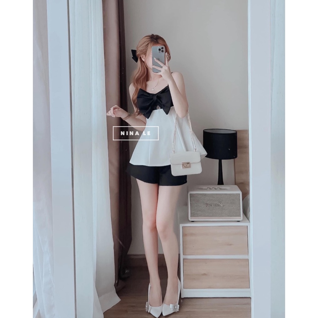 Sét bộ đồ nữ áo 2 dây phối nơ ngực kèm quần đùi