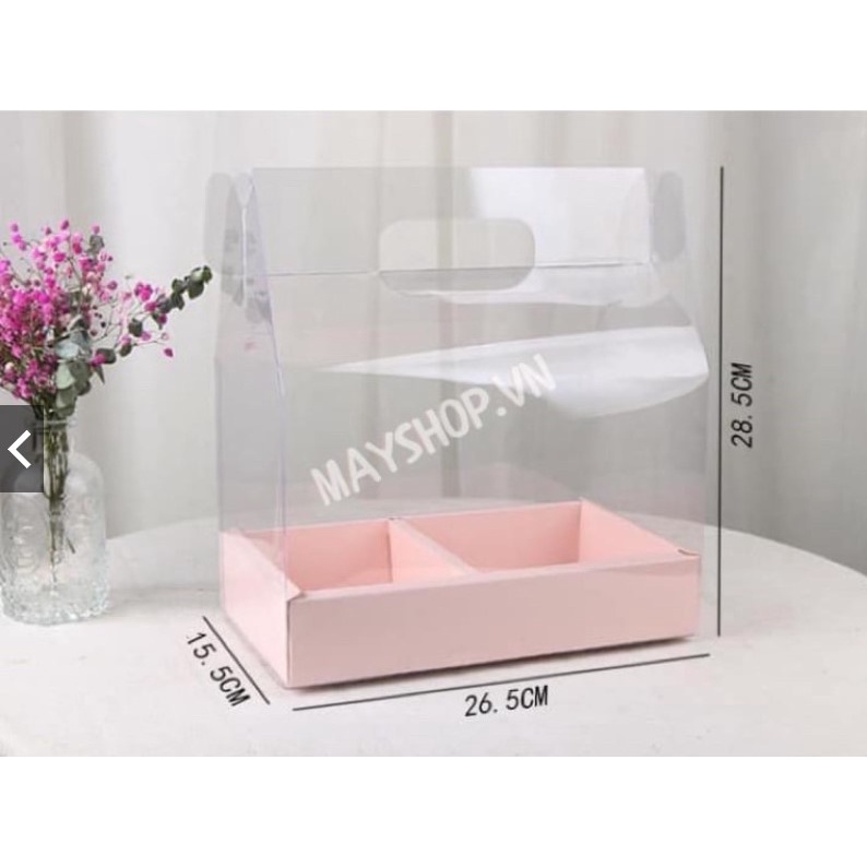 Hộp xách chữ nhật mica trong đáy ĐỎ 15x26x28cm