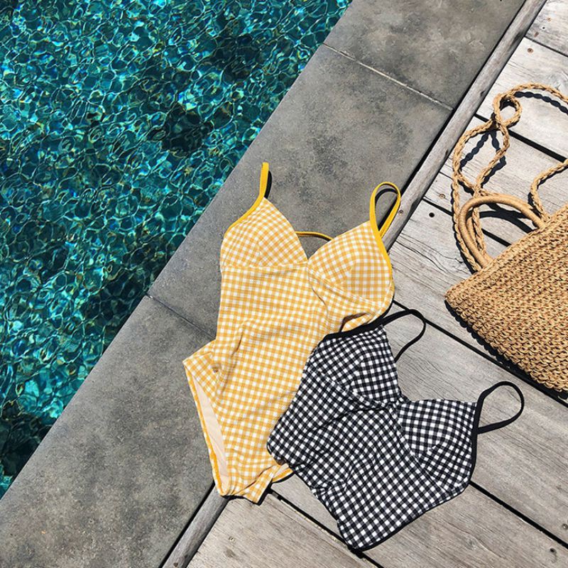Đồ Bơi Một Mảnh Cổ Chữ V Hở Lưng Họa Tiết Sọc Caro Đơn Giản | BigBuy360 - bigbuy360.vn